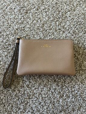 Coach Pebbled Leather Wristlet in Beige Taupe with Gold Logo